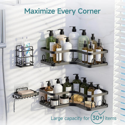 Veken Corner Shower Caddy - Rustproof Adhesive Shelves with Soap Holder | Large Capacity Bathroom Organizer - Black