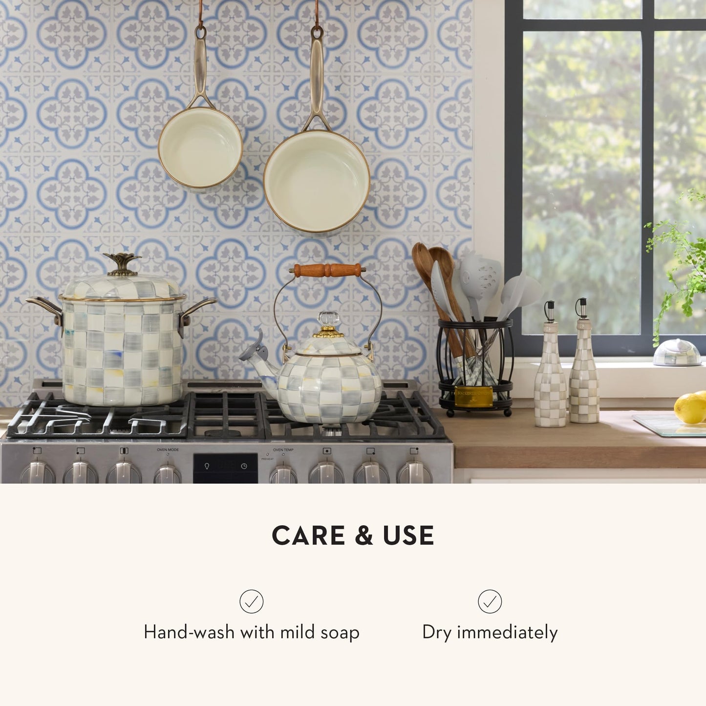 MACKENZIE-CHILDS Farmhouse Oil Cruet, Ceramic Oil-Dispenser Bottle, Gray-and-White Sterling Check