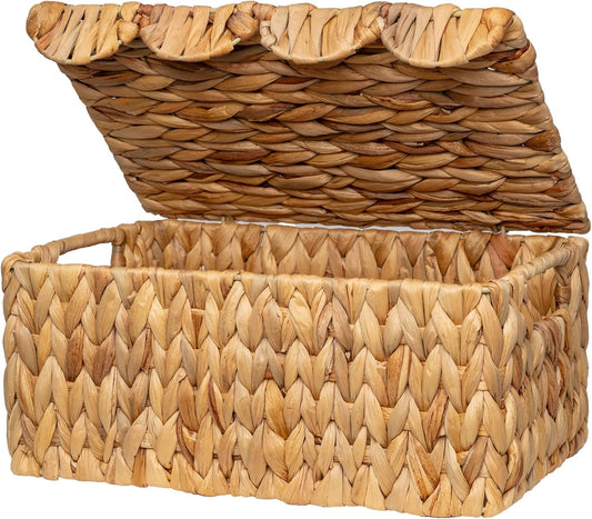 StorageWorks Wicker Basket - Handwoven Water Hyacinth with Scalloped Edge Lid | 13" L x 9.5" W x 6" H