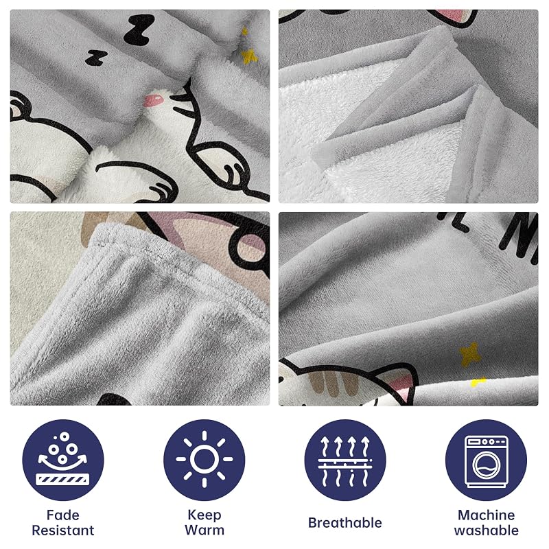 Daughter Nap Blanket - Grey 60x50 in | Cozy Flannel Fleece Throw with Sleepy Cat Design