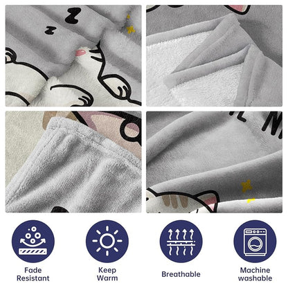 Daughter Nap Blanket - Grey 60x50 in | Cozy Flannel Fleece Throw with Sleepy Cat Design