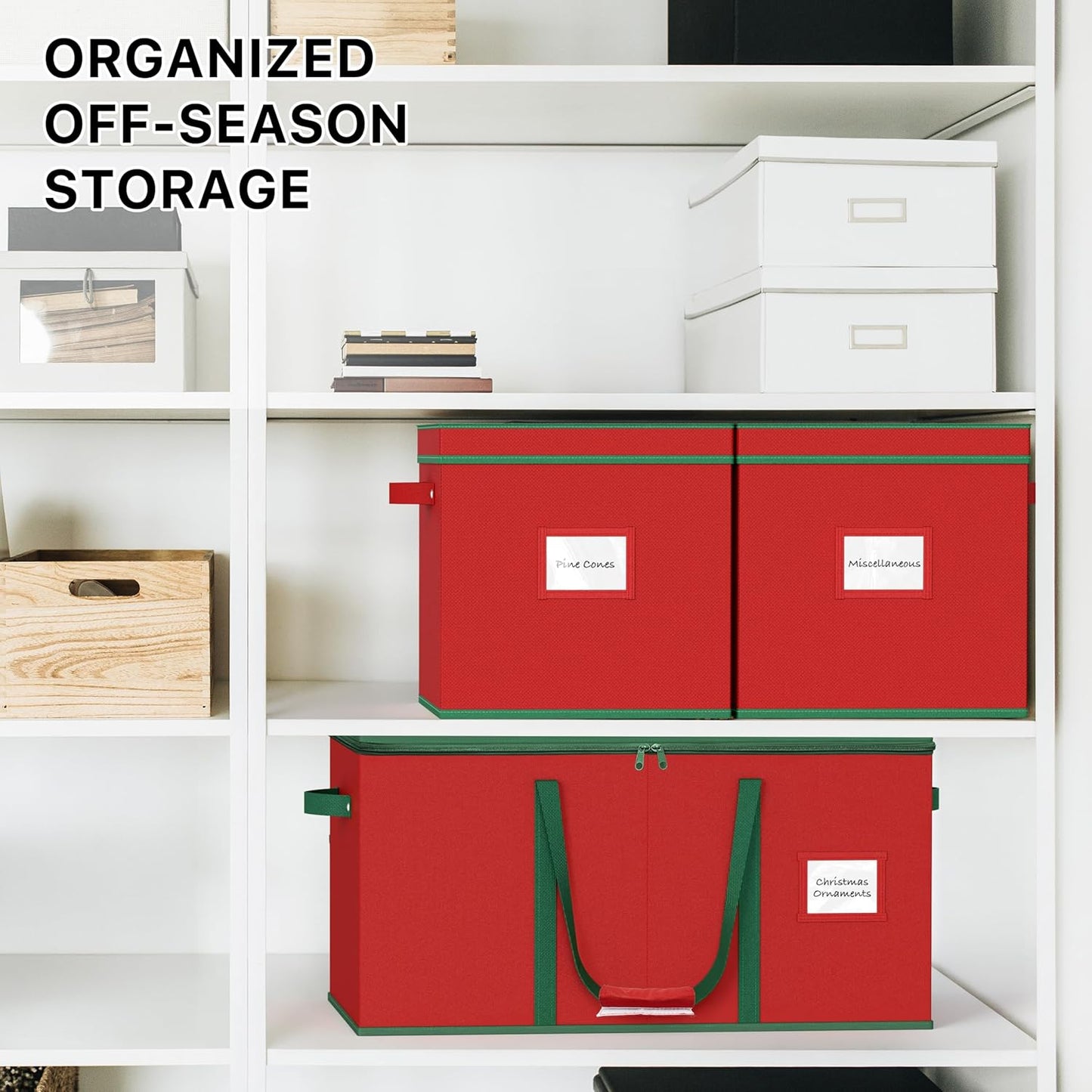Simple Houseware Heavy-Duty Christmas Ornament Storage Box - Holds 128 Ornaments, Adjustable Dividers, Red