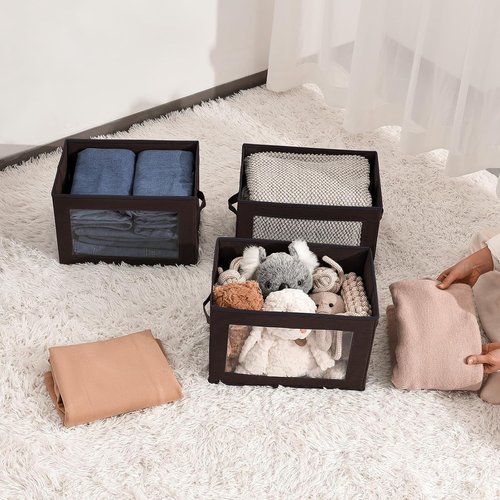 Homsorout Foldable Storage Boxes - Clear Window Clothes Organizers, Fabric Bins, Brown | 3 Pack