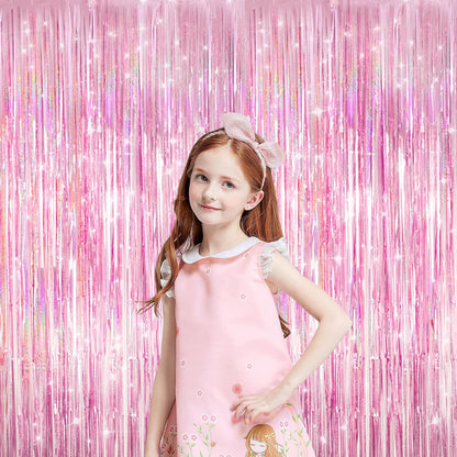 Skiennix Shiny Pink Tinsel Foil Fringe Curtains - 2 Pack Party Backdrop for Birthdays & Showers