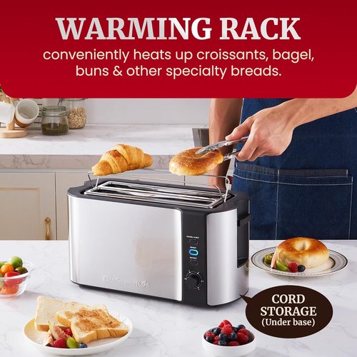 Elite Gourmet ECT-3100 4-Slice Long Slot Toaster - Extra Wide Slots for Bagels & Sourdough | 6 Browning Settings | Stainless Steel