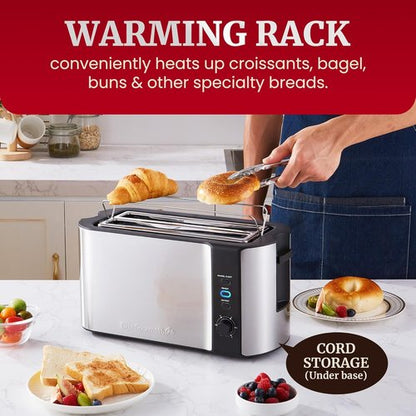 Elite Gourmet ECT-3100 4-Slice Long Slot Toaster - Extra Wide Slots for Bagels & Sourdough | 6 Browning Settings | Stainless Steel