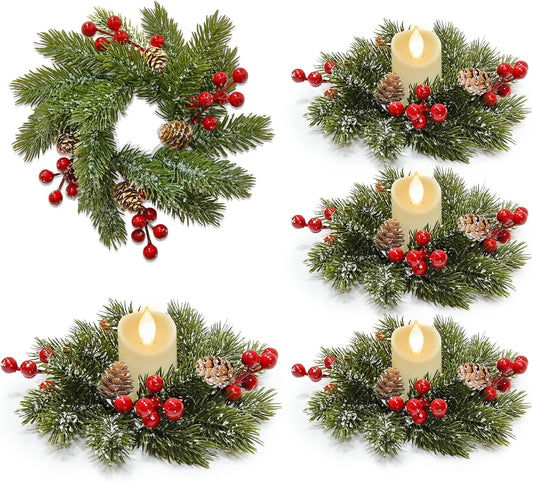 Skiennix 4-Piece Christmas Candle Rings - Flocked Pine & Red Berry Decor for Holiday Centerpieces
