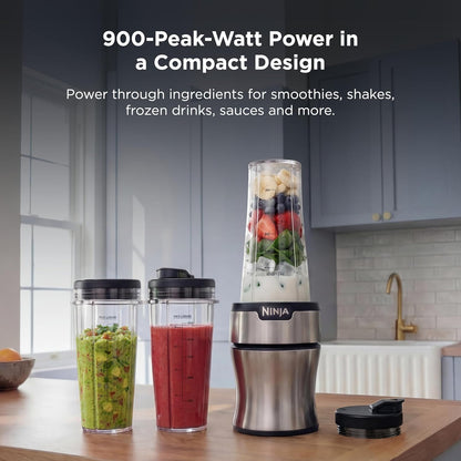 Ninja BN301 Nutri-Blender Plus - Compact Personal Blender with 900W Motor & 3 To-Go Cups | Silver