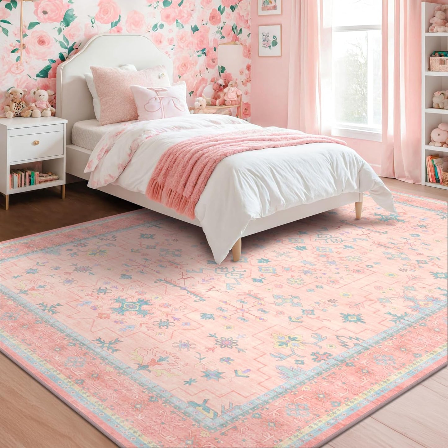 Oushak Rugs | Washable Pink & Blue 8x10 Area Rug - Soft Faux Wool, Modern Floral Design, Non-Slip