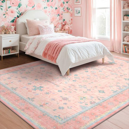 Washable Pink and Blue 9x12 Oushak Rugs for Living Room Rug Bedroom Girls, Modern Floral Aethestic Distressed Design, Soft Faux Wool Low Pile Non Slip Stain Resistance Carpet
