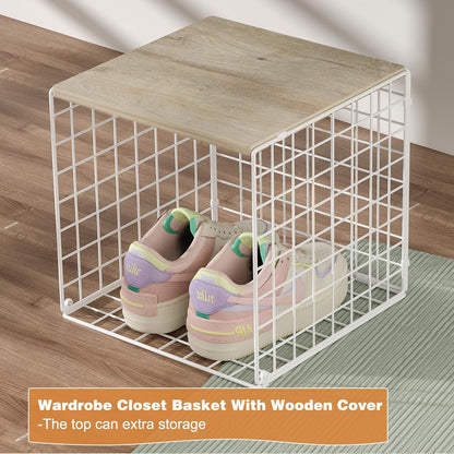 Skiennix Stackable Closet Organizers - Durable Storage Bins with Wood Top | White Metal, 3-Piece Set