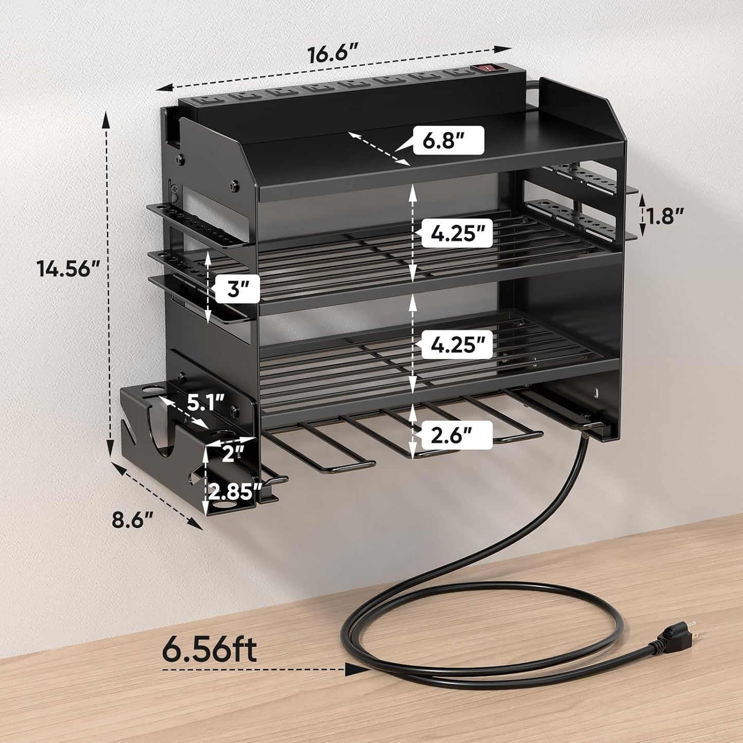 POKIPO Power Tool Organizer - Wall Mount Storage Rack with Charging Station & 8 Outlet Power Strip | Heavy Duty Metal for Garage
