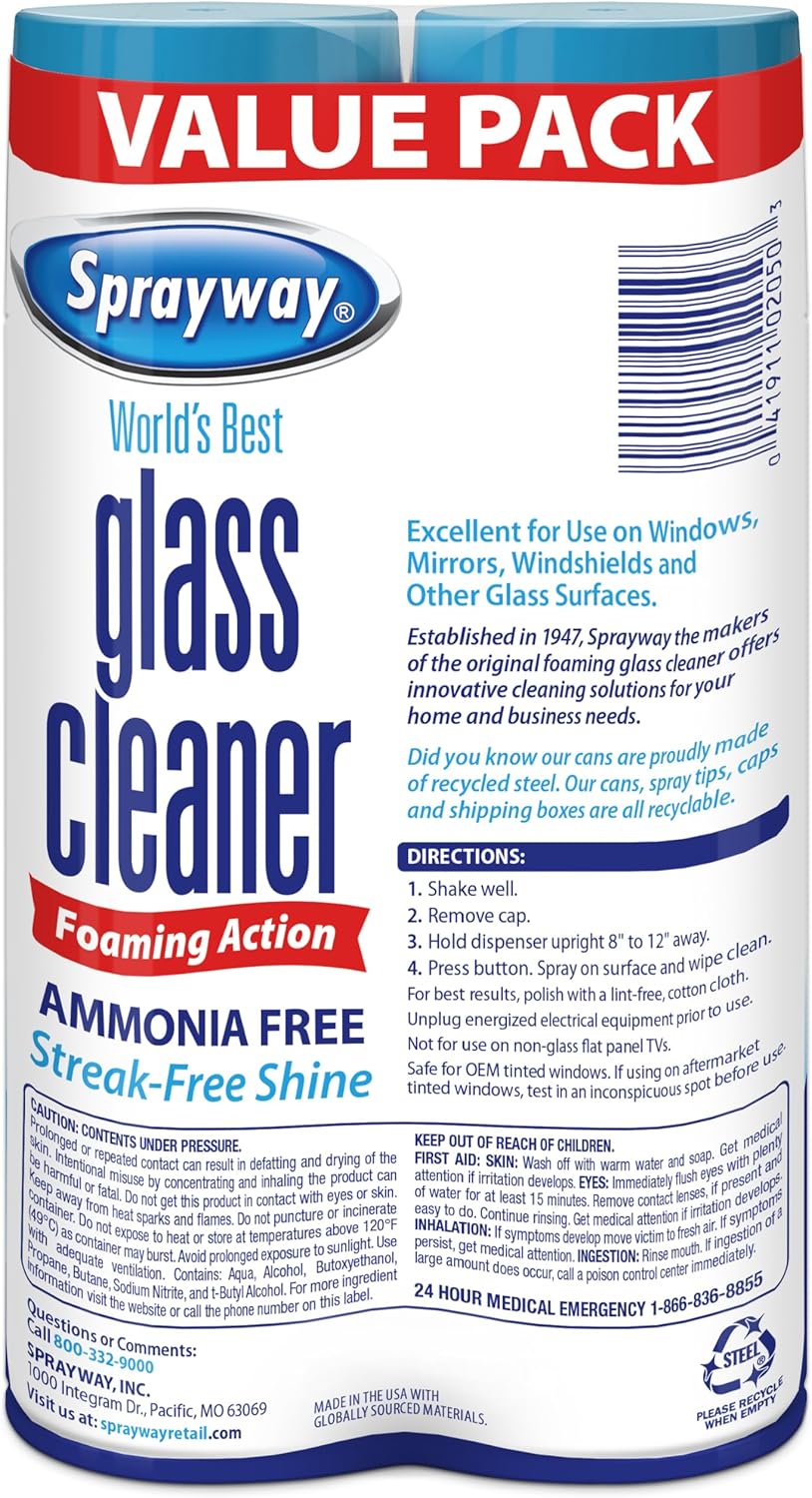 Sprayway Glass Cleaner - Ammonia-Free Foaming Aerosol Spray, 19oz, Pack of 2 | Streakless & Fast-Acting Clean | Fresh Scent, Removes Fingerprints & Dust