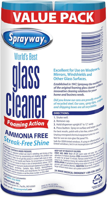 Sprayway Glass Cleaner - Ammonia-Free Foaming Aerosol Spray, 19oz, Pack of 2 | Streakless & Fast-Acting Clean | Fresh Scent, Removes Fingerprints & Dust