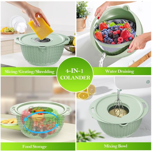 4-1 Colander with Mixing Bowl Set, Food Strainers and Colanders Set for Kitchen, Pasta Rice Strainer, Fruit and Veggie Washer, Salad Spinner, Kitchen Essentials Strainer Basket Bowl, Green