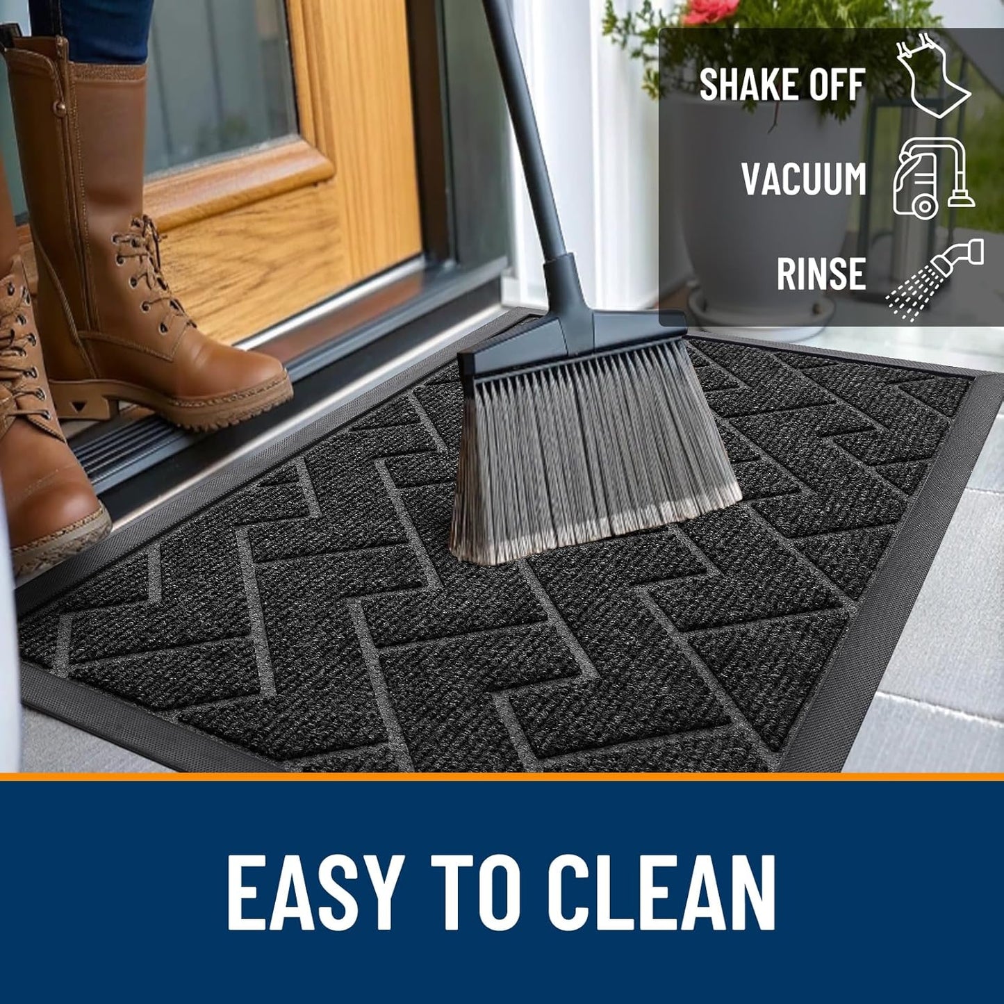 OLANLY Waterproof Front Door Mat - All-Season, Sturdy Natural Rubber, Low Profile, Herringbone Brick (Black, 47x17)