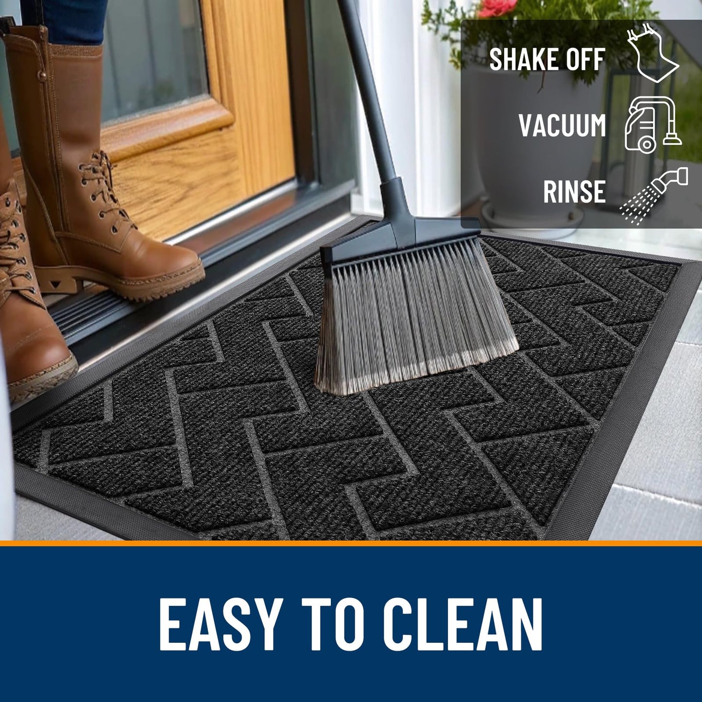 OLANLY Front Door Mat Indoor Outdoor Entrance, Waterproof All-Season, All-Weather Doormat, Sturdy Natural Rubber, Low Profile, Easy Clean Patio Porch Entryway Mat, Herringbone Brick (Black, 47x17)
