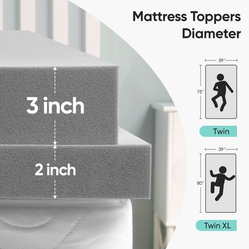 3 inch Twin XL (39"x80") Gel Memory Foam Mattress Topper Ventilated Soft Mattress Pad, Bed Topper, CertiPUR-US Certified, Twin XL Size, Gray