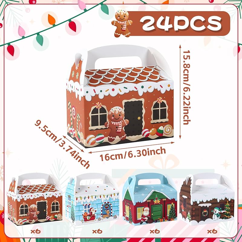 Patimate 24 Pack Christmas Cookie Boxes with Handles - 4 Styles Gift Boxes V03