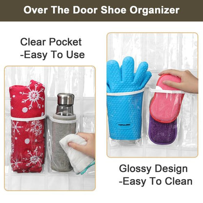 Bofoho Over the Door Shoe Organizer with 24 Crystal Clear Pockets and Metal Hooks – Heavy Duty Hanging Shoe Storage Rack for Closet, Bathroom, Dorm – Space Saving for Shoes, Accessories, Toys (White)