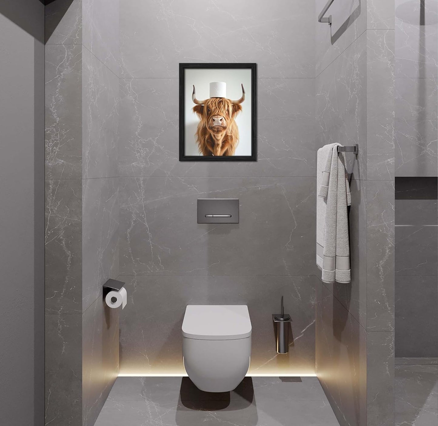 ZXDZSM Highland Cow Wall Art - Funny Rustic Bathroom Decor Canvas Print | 12x16 Inch Framed