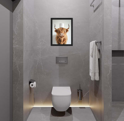 ZXDZSM Highland Cow Wall Art - Funny Rustic Bathroom Decor Canvas Print | 12x16 Inch Framed