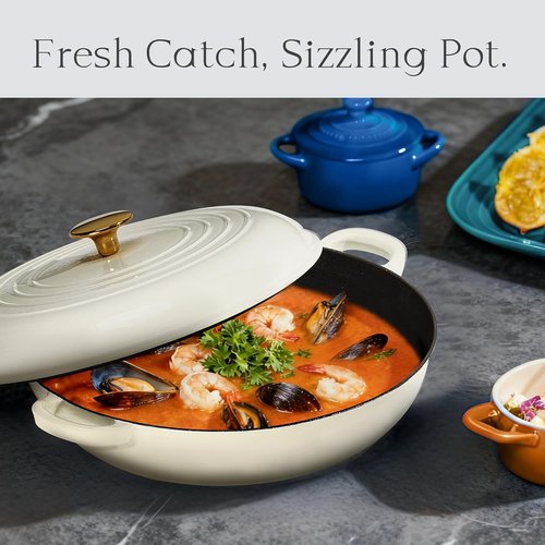 CAROTE Enameled Cast Iron Braiser Pan - 3.4QT Shallow Dutch Oven with Lid | Non-Toxic, All Stovetop Compatible, White
