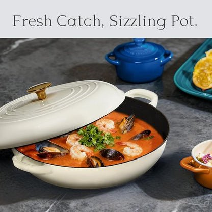 CAROTE Enameled Cast Iron Braiser Pan - 3.4QT Shallow Dutch Oven with Lid | Non-Toxic, All Stovetop Compatible, White