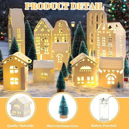 Chunful 20 Pack Christmas Village Houses Set - White Winter Decor with Lights & Trees for Holiday Scenes