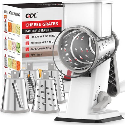 GDL Rotary Cheese Grater - Upgraded Hand Crank Shredder with 4 Blades & Non-Slip Suction Base | Easy to Clean