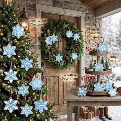 12 Pcs Blue Wooden Snowflake Ornaments - Christmas Tree Decorations - Variation of THIS listing: Blue Snowflake-2