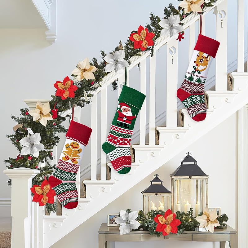 Large Knit Christmas Stockings with Santa Embroidery - Red & Green Xmas Stockings (Variation: Santa)