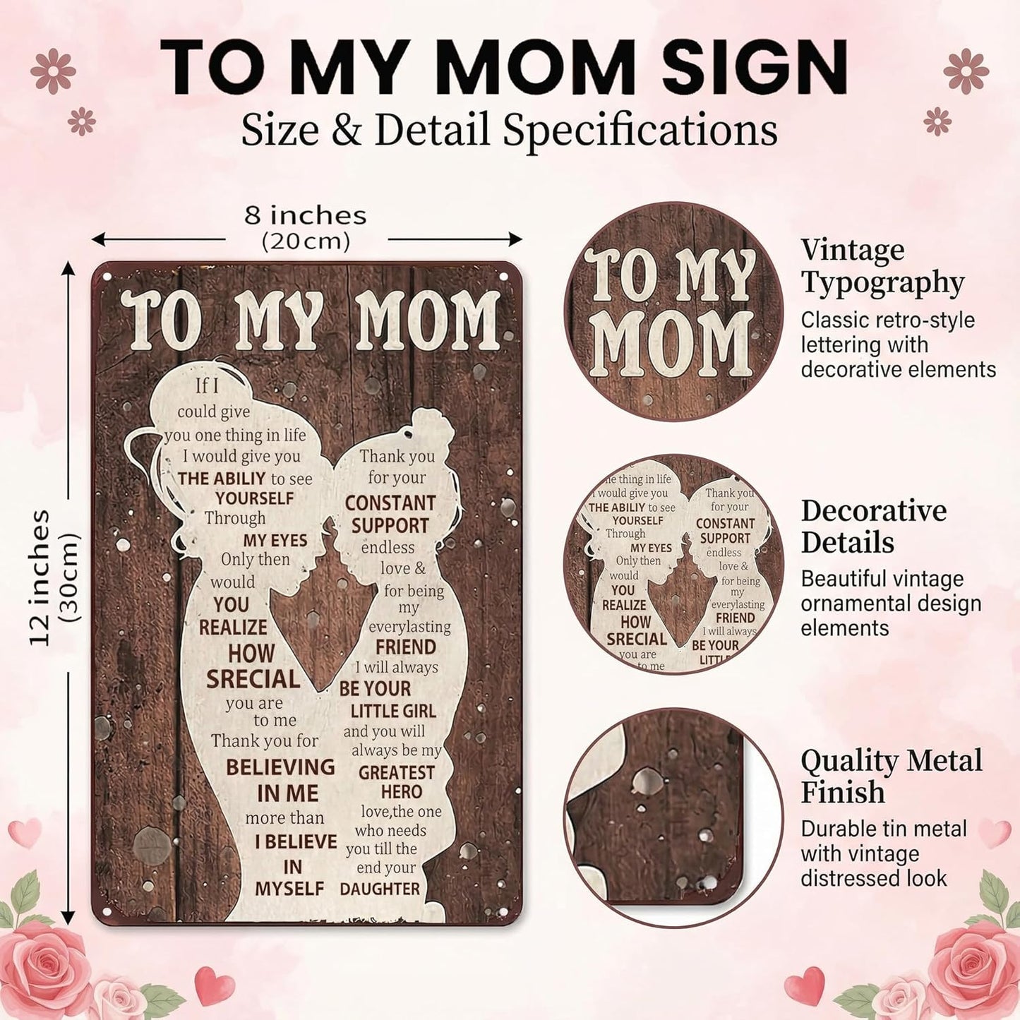 To My Mom Sign - Heartfelt 'I Love You' Gift | Home Decor for Kitchen, Bedroom, Office - 12" x 8"