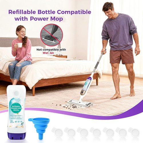 Refillable Bottle for Swiffer® Power Mop™ - 720 ML/24 FL OZ - Leak-Proof HDPE Material Solution Bottle, 2 Empty Bottle + 14 Silicone Pads + 1 Funnel, Easy Install for Use with Any Cleaning Solution