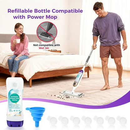 Refillable Bottle for Swiffer® Power Mop™ - 720 ML/24 FL OZ - Leak-Proof HDPE Material Solution Bottle, 2 Empty Bottle + 14 Silicone Pads + 1 Funnel, Easy Install for Use with Any Cleaning Solution