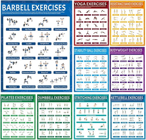 9Pcs Fitness Poster Set by [Brand Name] - Workout Charts for Dumbbells, Kettlebells & Yoga | Home Gym Decor