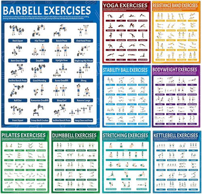9Pcs Fitness Poster Set by [Brand Name] - Workout Charts for Dumbbells, Kettlebells & Yoga | Home Gym Decor