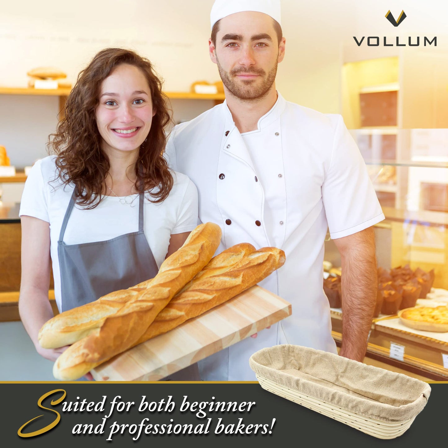 Vollum Bread Proofing Basket Banneton Baking Supplies for Beginners & Professional Bakers, Handwoven Rattan Cane Bread Maker with Linen for Artisan Breads, 17x4x2.5 Inch, 1-Lb Rectangular Brotform