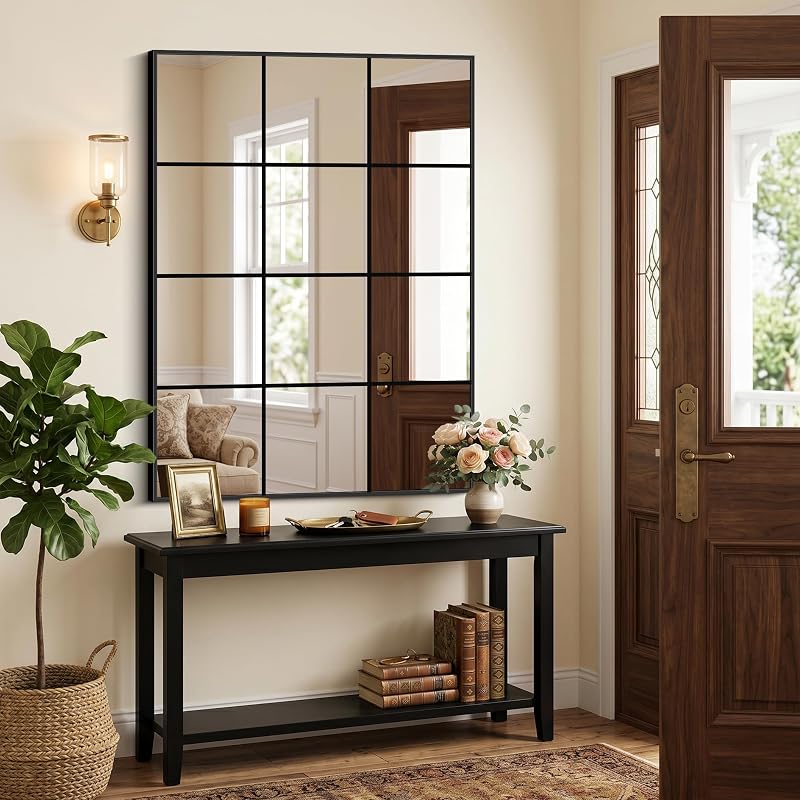 YIROMAN Window Pane Mirror 48x35 Inch Black Grid Wall Mirror