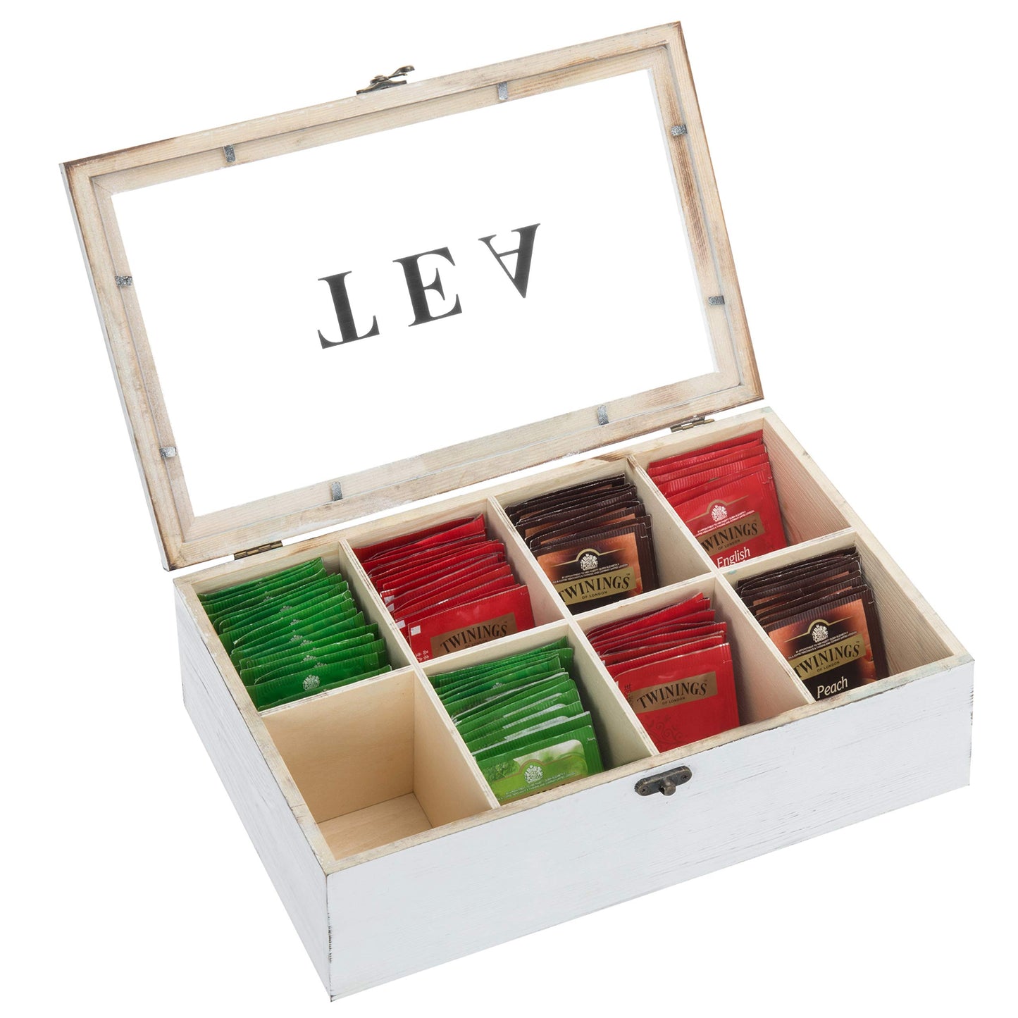 MyGift Vintage White Solid Wood Tea Organizer Box - 8 Compartments, Tea Bags and Condiments Packet Holder with Lid with Latch