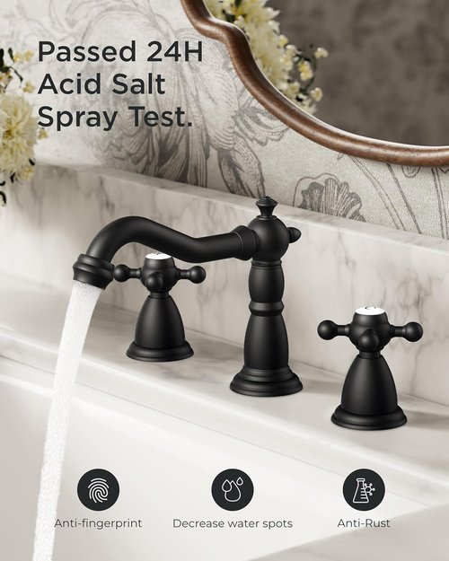 FORIOUS Matte Black Bathroom Faucet - Vintage 3 Hole Design with Cross Handles & Metal Drain | 8 Inch Widespread