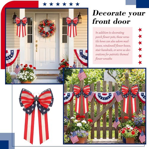 Knitgrip Patriotic Bows - 2 Pack Red, White & Blue Decorative Bows for 4th of July Wreaths & Planters