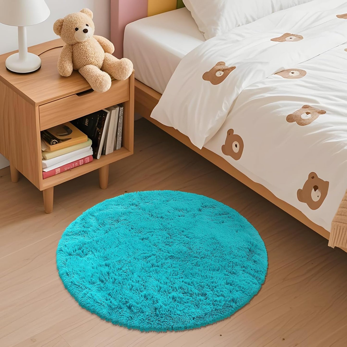 OLANLY Teal Blue Round Rug - Soft & Fluffy Shaggy Carpet, 2 ft Circle for Bedroom & Living Room Decor