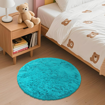 OLANLY Teal Blue Round Rugs for Bedroom - Machine Washable, 2 ft Circle Area Rugs for Living Room, Soft and Fluffy Shaggy Carpet for Teen Girls and Boys, Nursery Rooms, Dorms, Home Decor Aesthetic