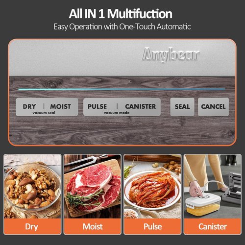 Anybear Vacuum Sealer Machine - 90kPa 120W All-in-One Food Storage with Built-in Cutter | Gray, 2 Bag Rolls & 5 Pre-Cut Bags
