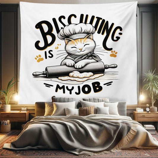 Ambesonne Funny Tapestry King Size, Biscuiting is My Job Phrase with Happy Kitten Chef Baking Paws Humor Art, Wall Hanging Bedspread Bed Cover Wall Decor, 104" X 88", Persian Orange Black