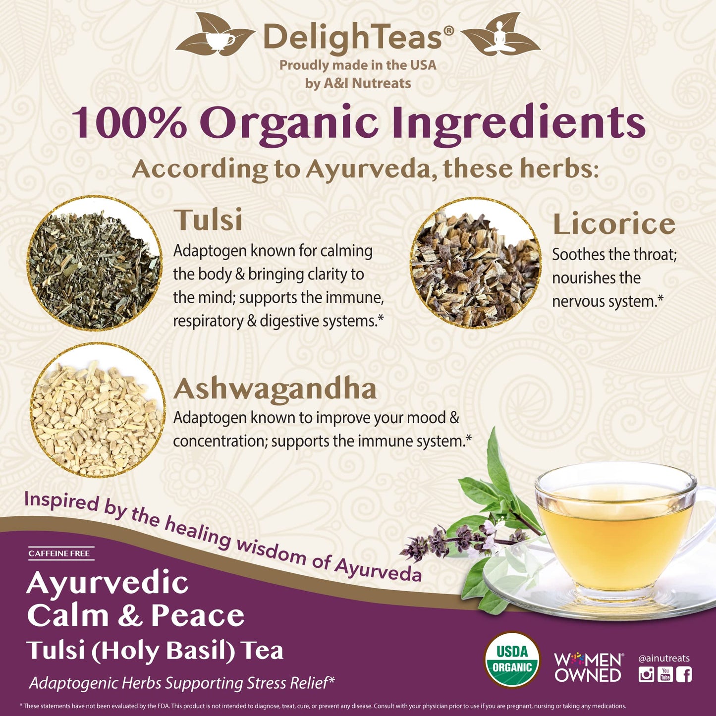 DelighTeas Organic Calm & Peace Tulsi Holy Basil Tea | Ayurvedic Loose Leaf Tulsi, Ashwagandha and Licorice Tea | Adaptogen Blend | USDA Organic, Non-GMO, Caffeine Free, Sugar Free | 40 Servings, 3 oz