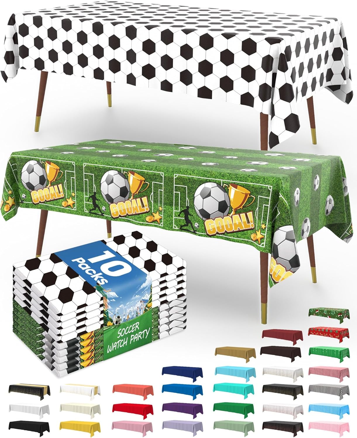 Pureegg Soccer Tablecloths - Disposable Plastic Covers for Soccer Birthday Parties | 54 x 108 Inch, 10 Pack, Green & White