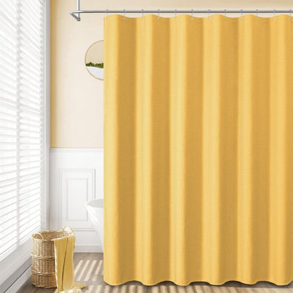 Dynamene Extra Long Shower Curtain - 96 Inch Long Waffle Weave Weighted Thick Cloth Bathroom Shower Curtain, Neutral Heavy Duty Hotel Bath Curtain Set with 12 Plastic Hooks,72x96, Gold