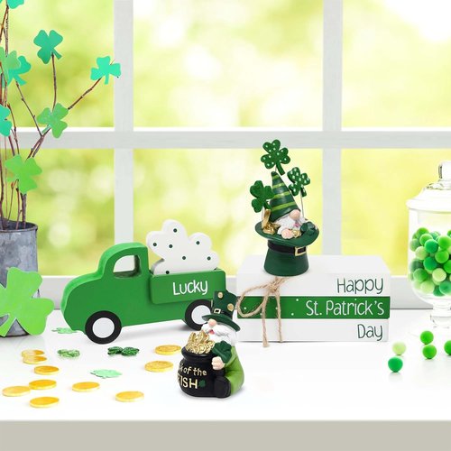 Gift Boutique St. Patrick’s Day Leprechaun Gnome Figurines - Set of 2 Irish Lucky Tabletop Decor with Gold Pot & Shamrocks